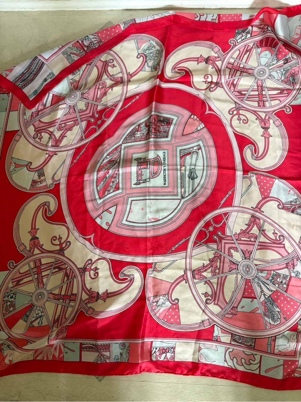Hermes Silk Scarf in Red, Pink, Cream